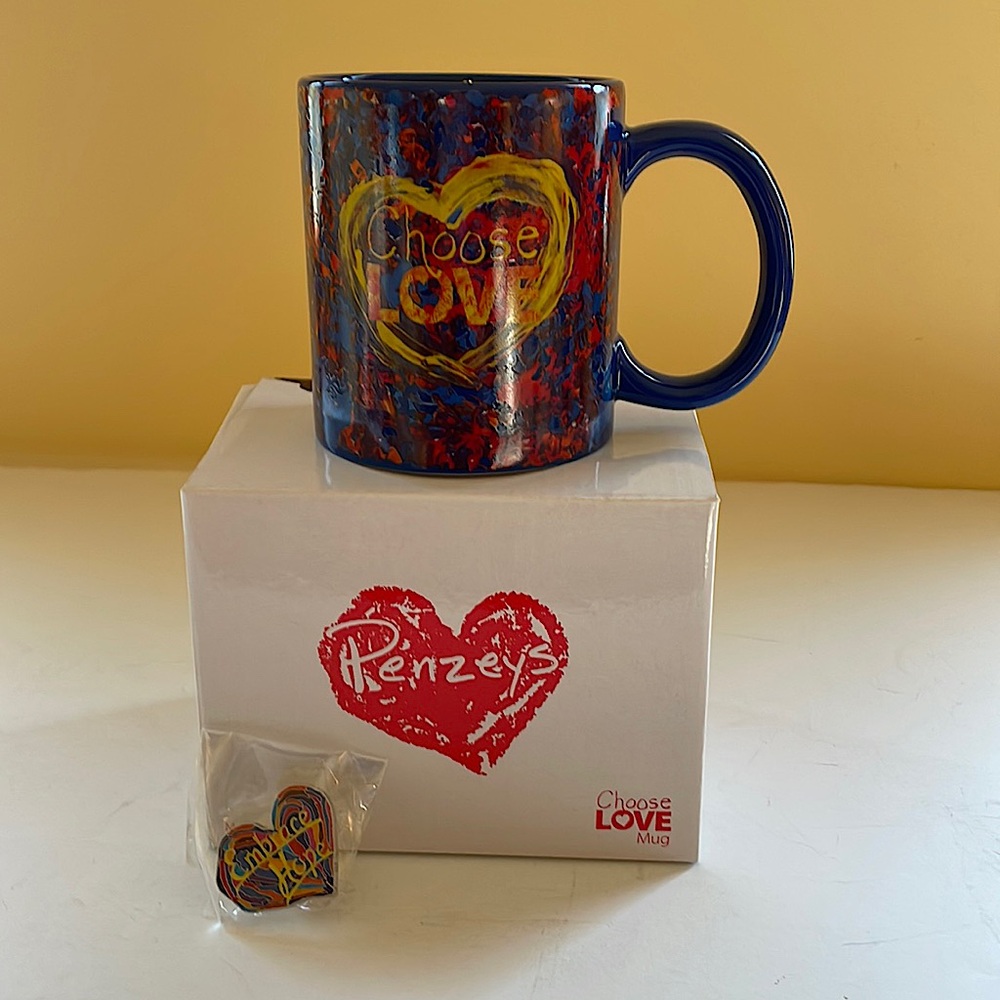 Penzey's Choose Love Mug Multicolor and Embrace Hope Pin NEW